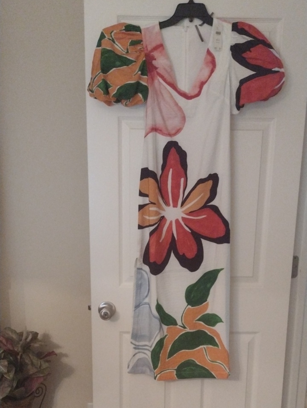 Anthropologie White Maxi Dress with Red, Orange, Green Floral Print